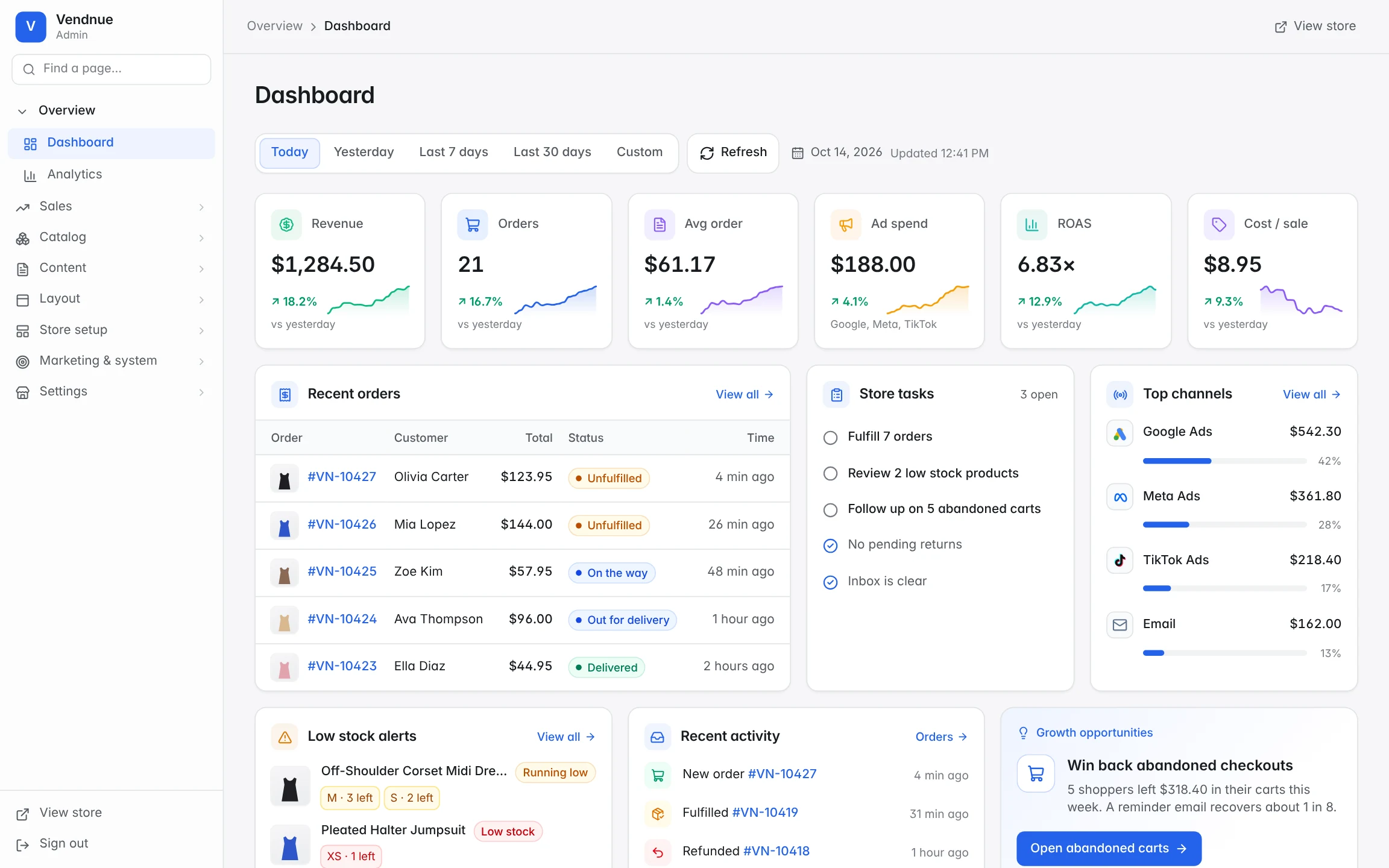 The Vendnue Admin dashboard showing recent orders, sales and fulfillment
