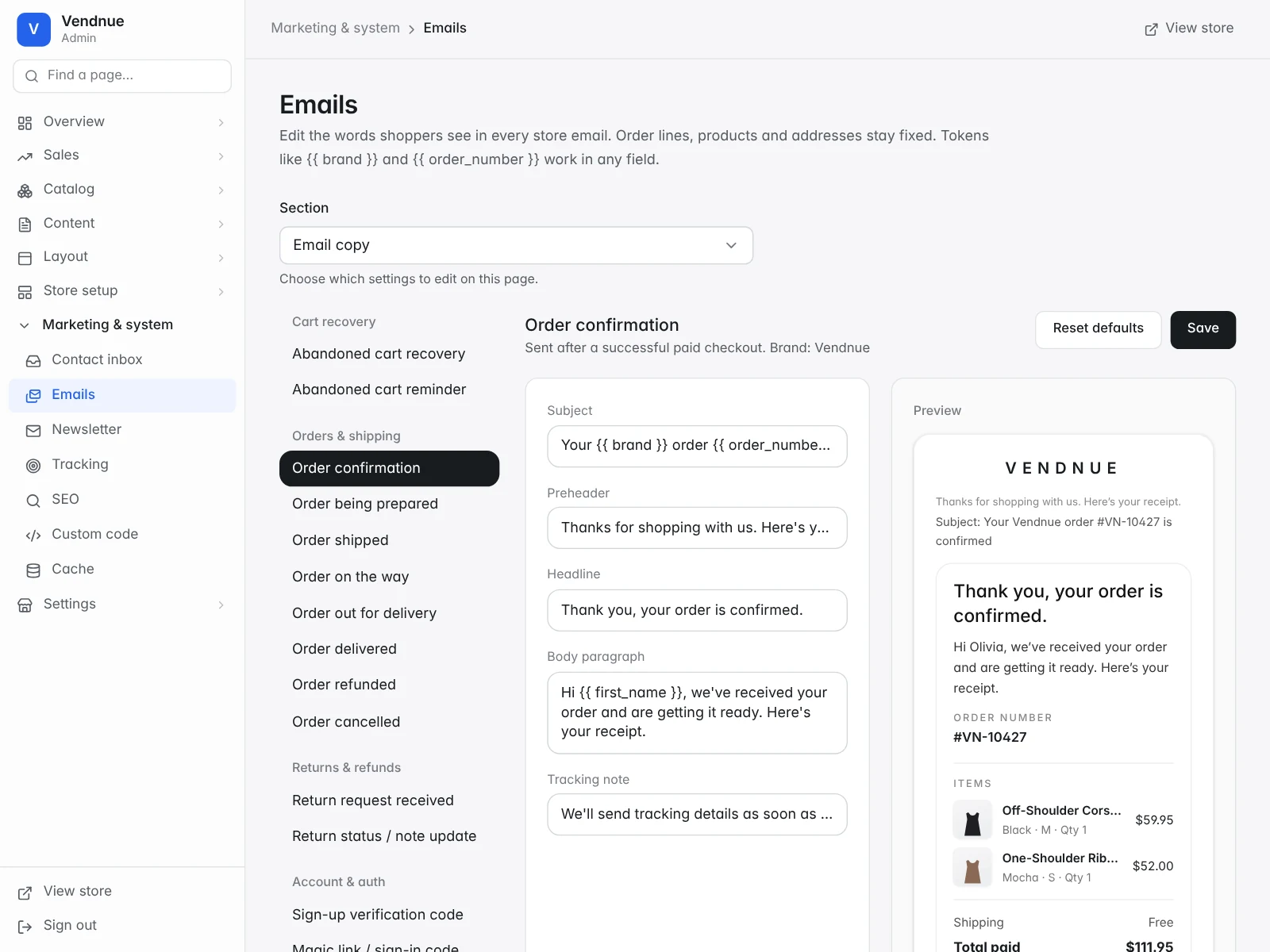 The email editor showing an order confirmation in the store's branding