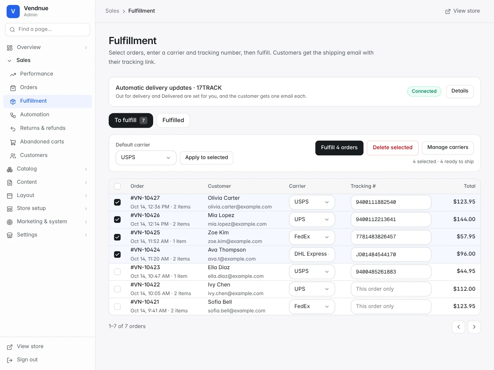 The fulfillment queue with tracking numbers entered for several orders