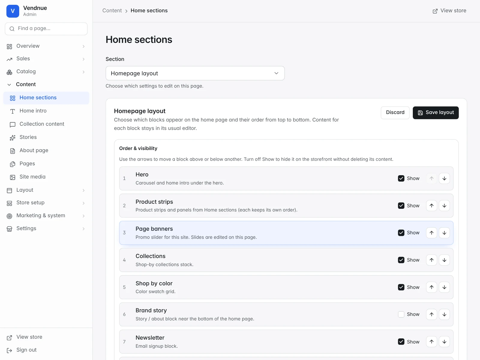 The layout editor reordering sections on a store's home page
