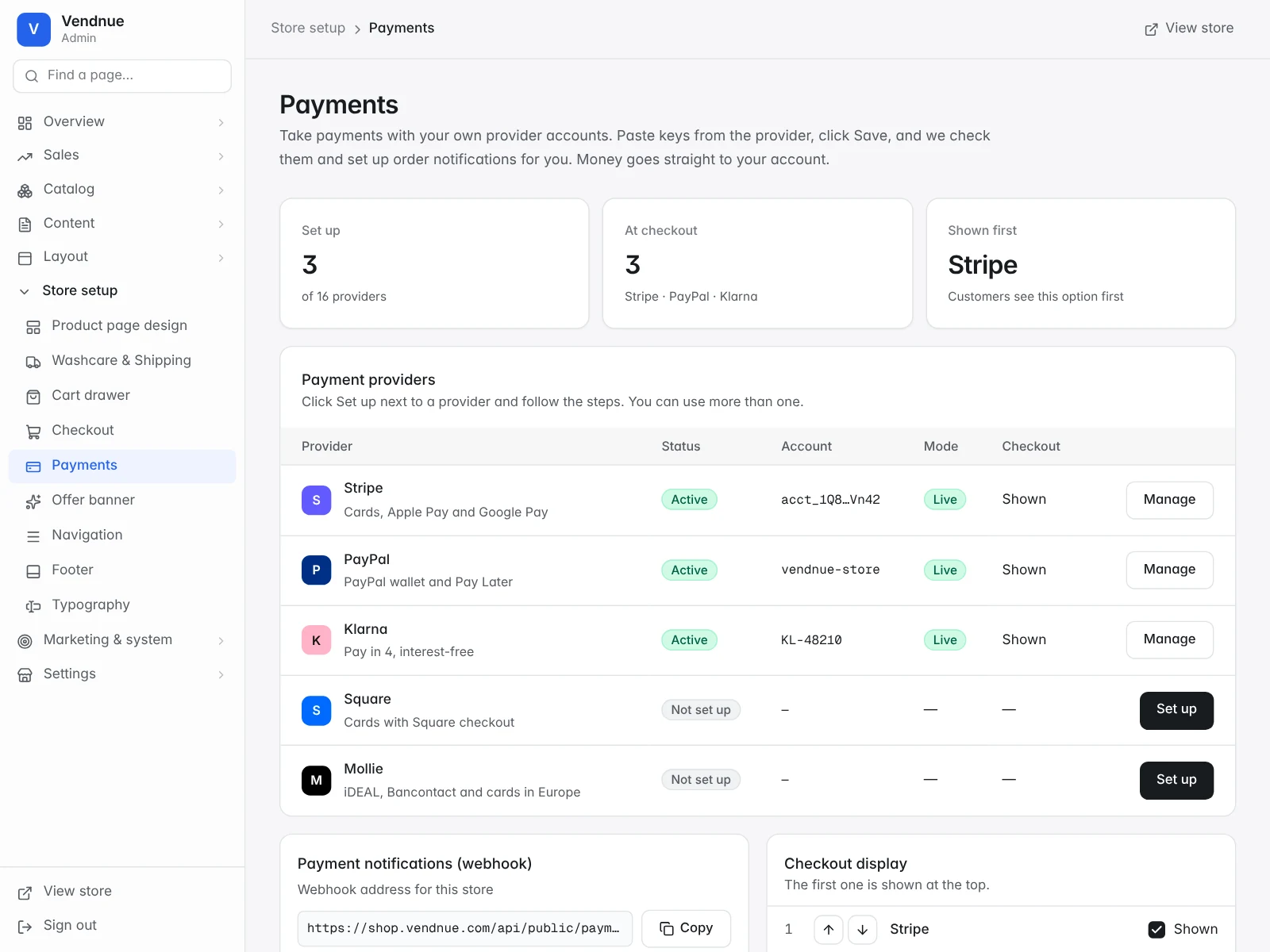 The Payments page in the Admin with gateway cards and webhook addresses