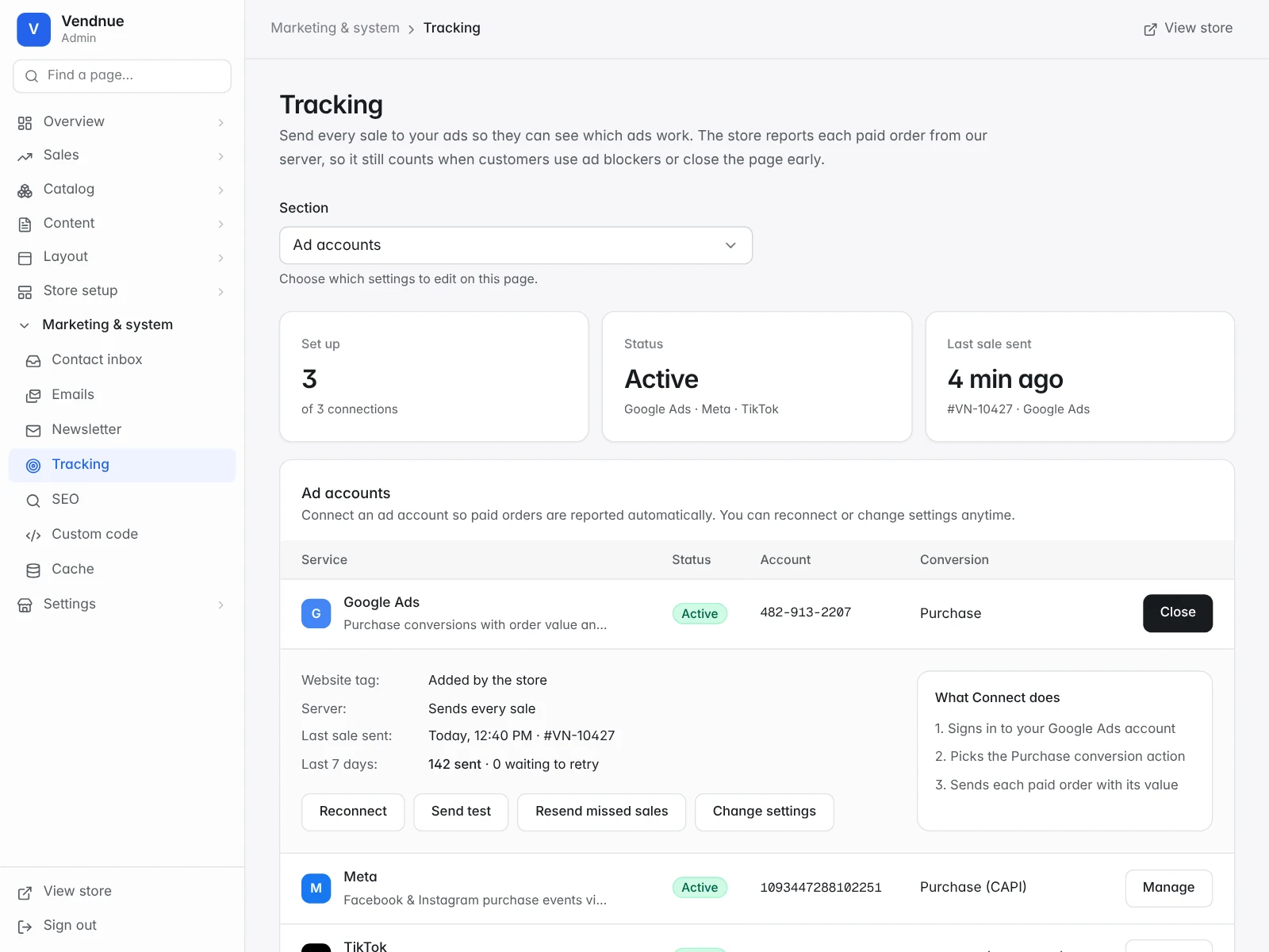 The Tracking page in the Admin with Google Ads, Meta and TikTok connected